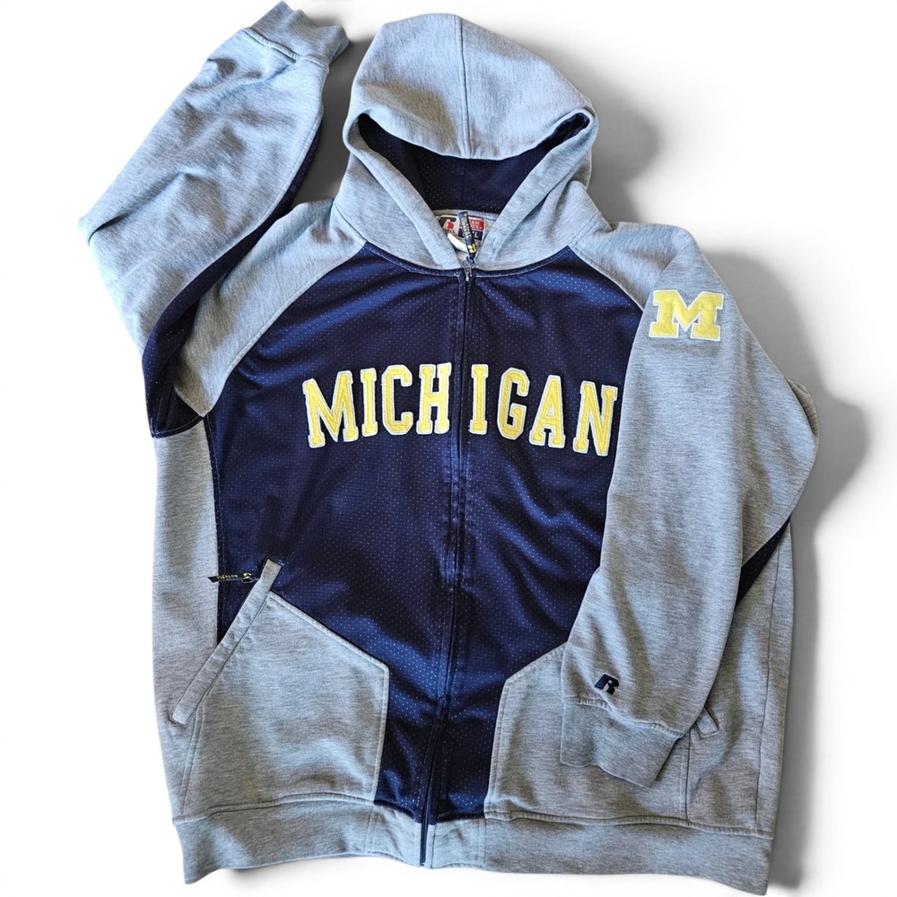 Russell Athletic Michigan Wolverines Full Zip Hoodie XXL Grey Navy Cotton Mesh